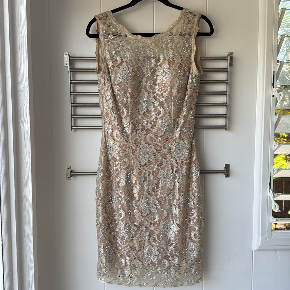 Jovani Nude Embellished Silver Lace Short Mini Cocktail Prom Dress 4 - Picture 2 of 8